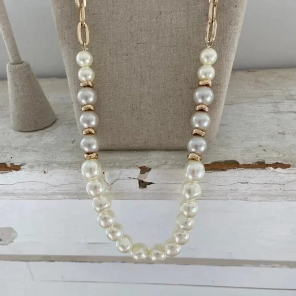 Paperclip Necklace Gold Tone Pearls Brand New AND Pearl Earrings Bundle Jewelry - Picture 11 of 13